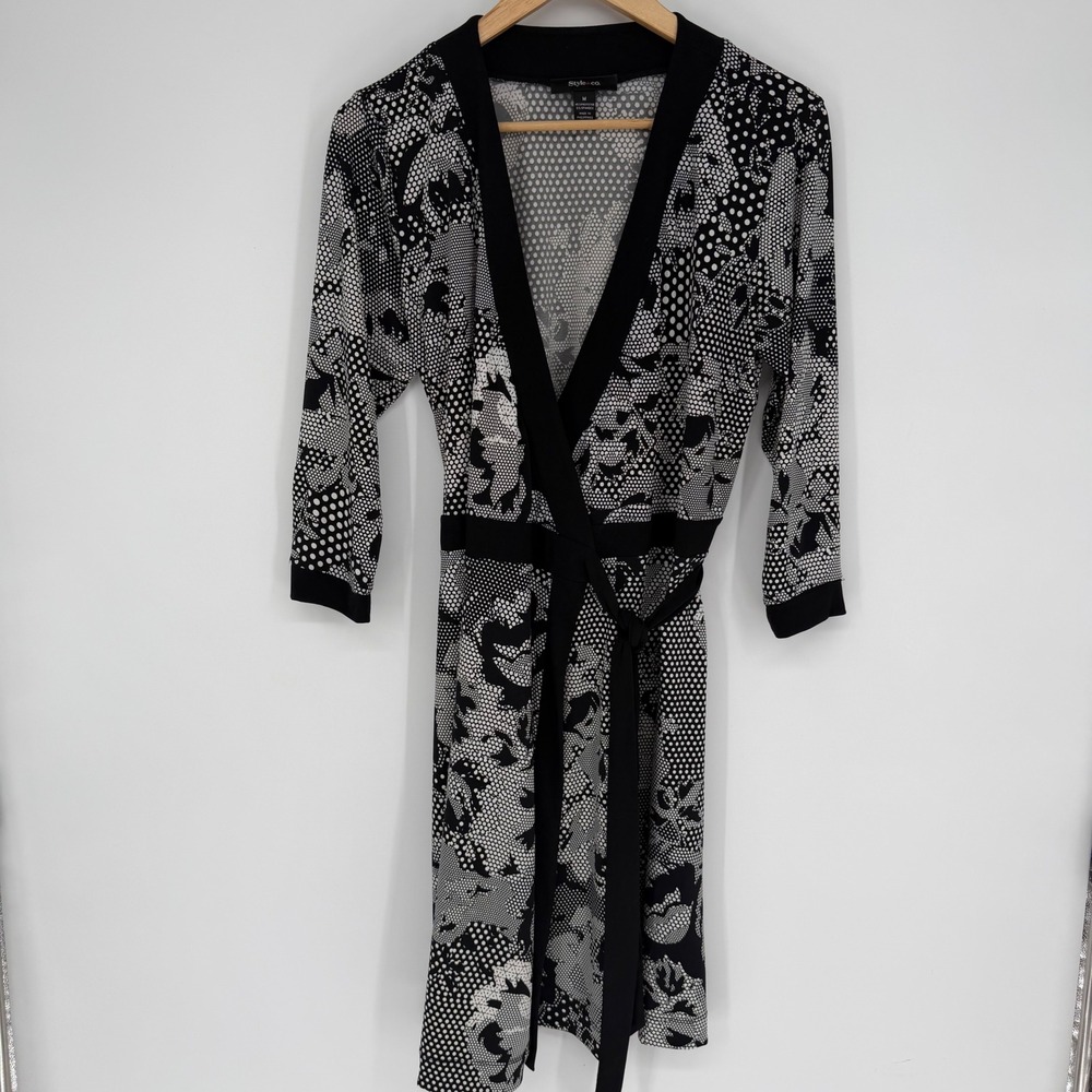 Style & Co Wrap Dress Womens Black White Floral Polka Dot 3/4 Sleeve Medium